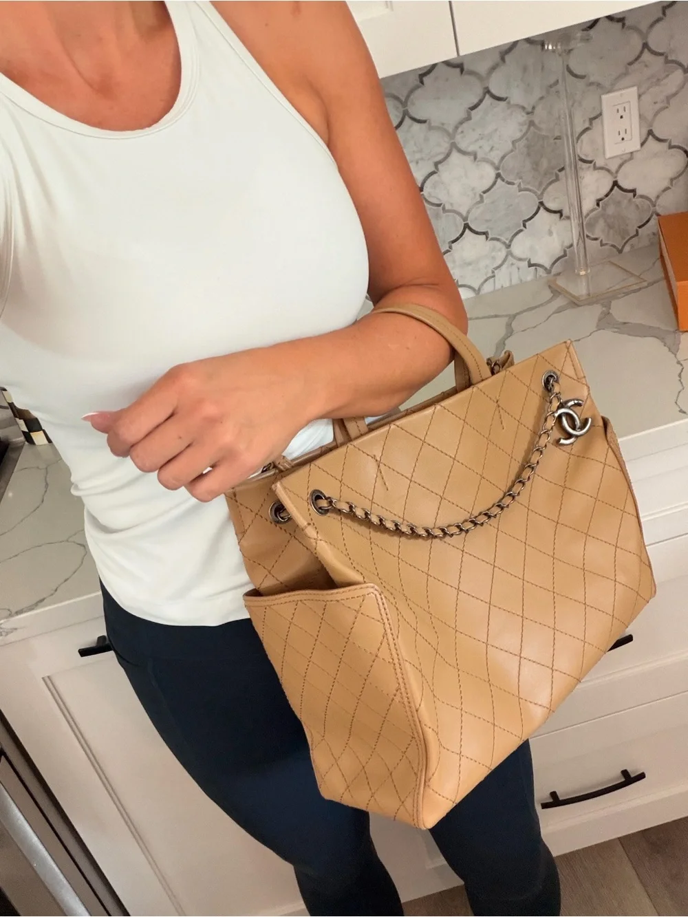 CHANEL Beige Quilted Leather Tote with Chain-Trim CC Charm